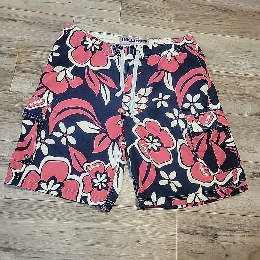 Y2K Hollister‎ Shorts Mens Medium White Green Floral Lined Board Swim Trunks